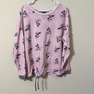 Disney Pajama Top Pink Black Mickey Minnie Print Long Sleeve Drawstring PJs Soft